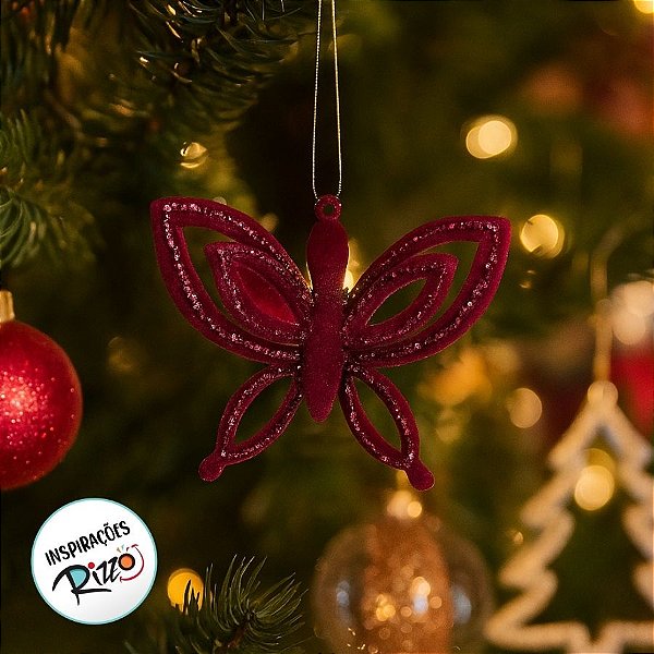 Enfeite Para Pendurar de Natal - Borboleta Glitter Vinho - 10,5x8,5x3cm - 1 unidade - Cromus - Rizzo