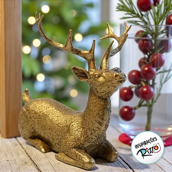 Enfeite de Natal Em Resina - Rena Deitada Ouro - 16x20cm - 1 unidade - Cromus - Rizzo