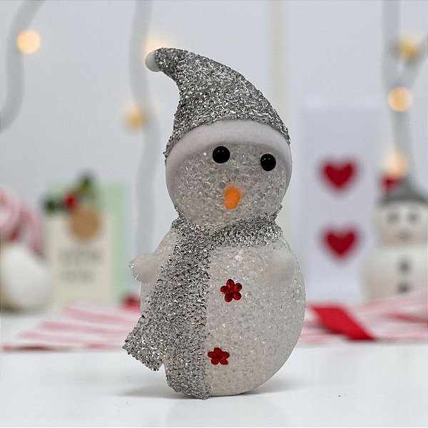 Enfeite Decorativo de Natal com Luz - Boneco de Neve com Cachecol - Prata - 18cm - 1 unidade - Rizzo