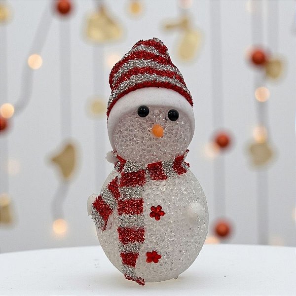 Enfeite Decorativo de Natal com Luz - Boneco de Neve com Cachecol - Vermelho e Prata - 24cm - 1 unidade - Rizzo