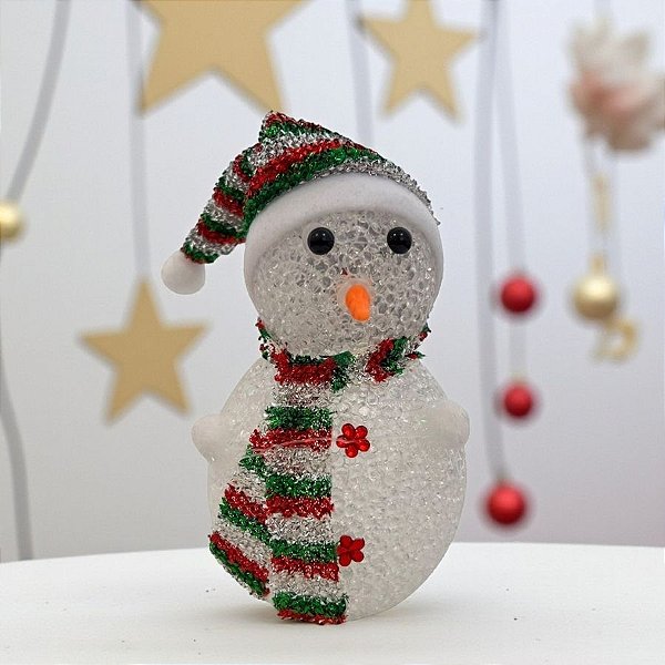 Enfeite Decorativo de Natal com Luz - Boneco de Neve com Cachecol - Prata/Verde/Vermelho - 24cm - 1 unidade - Rizzo