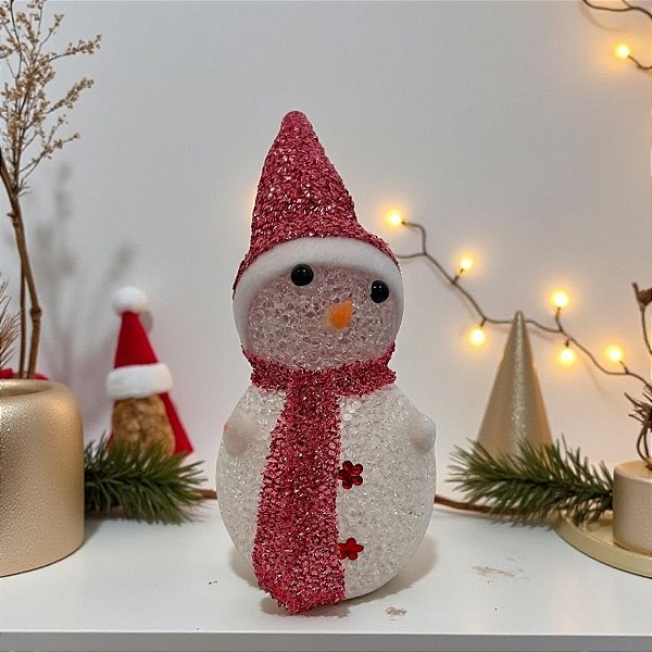 Enfeite Decorativo de Natal com Luz - Boneco de Neve com Cachecol - Rosa Brilhante - 18cm - 1 unidade - Rizzo