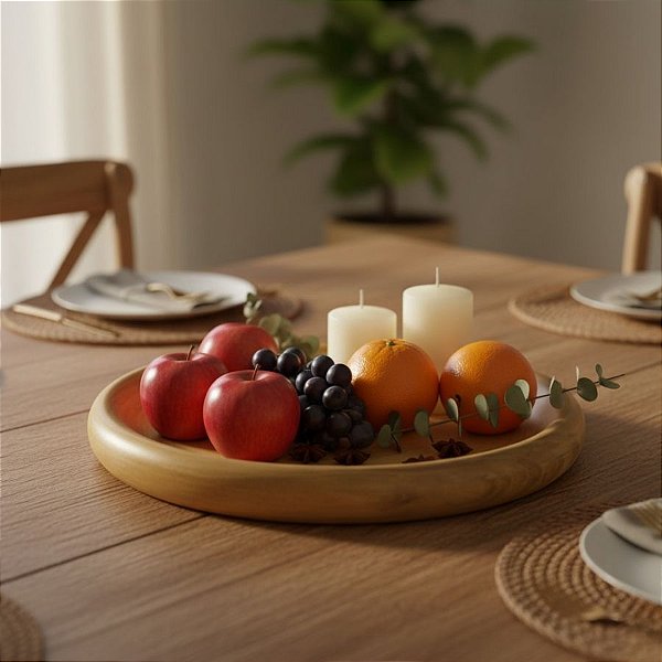 Centro De Mesa Bandeja Redonda em Madeira - 28x28x3,5cm - 1 unidade - Rizzo