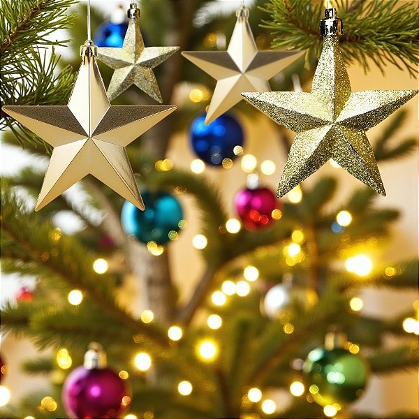 Enfeite Para Pendurar de Natal - Estrela Ouro Lisa e Glitter - 6,2x6,5x2,5cm - 12 unidades - Cromus - Rizzo
