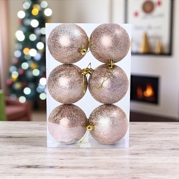 Bolas de Natal - Champanhe com Glitter Branco - 8x8cm - 6 unidades - Cromus - Rizzo