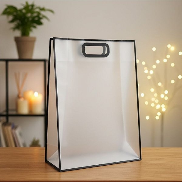 Sacola Transparente Fosca Pvc Alça Plana Preto - 40x30x12cm - 12 unidades - Rizzo