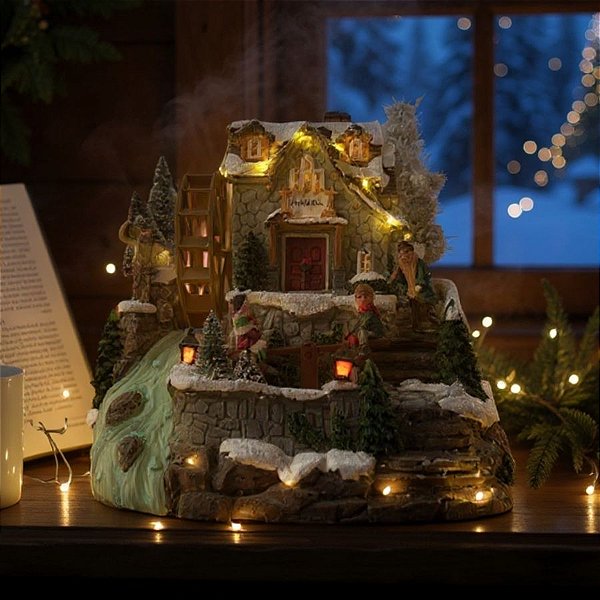Cenário De Natal - Casa com Gangorra e Moinho d'Água com Som , Luz e Movimento - 20,5x21x24cm - 1 unidade - Rizzo