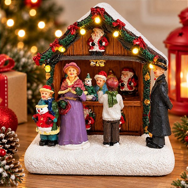 Cenário De Natal - Lojinha de Madeira com Luz - 10,5x7,5x11cm - RZO02309 - 1 unidade - Rizzo