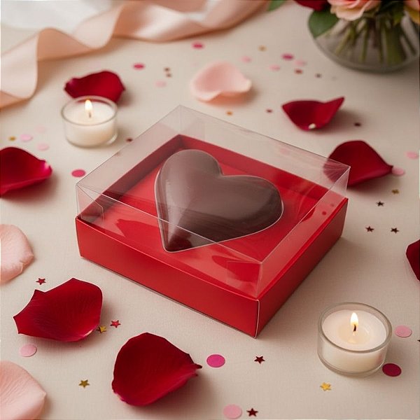Caixa Para Doce Com Visor De Coração - 20,5x17x6,5cm - Vermelho  - 5 unidades - Rizzo