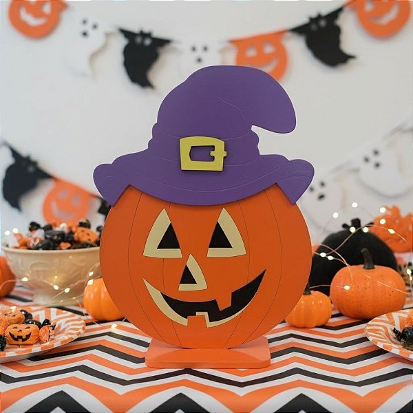 Display de Mesa em MDF - Abóbora com Chapéu - Laranja e Roxa - 26x25,5cm - 1 unidade - Rizzo