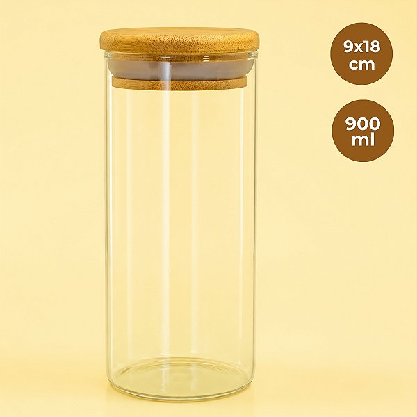 Pote de Vidro Hermético com Tampa de Bambu - 9x18cm - 900ml - 1 unidade - Rizzo