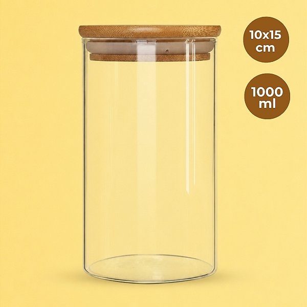 Pote de Vidro Hermético com Tampa de Bambu - 10x15cm - 1000ml - 1 unidade - Rizzo