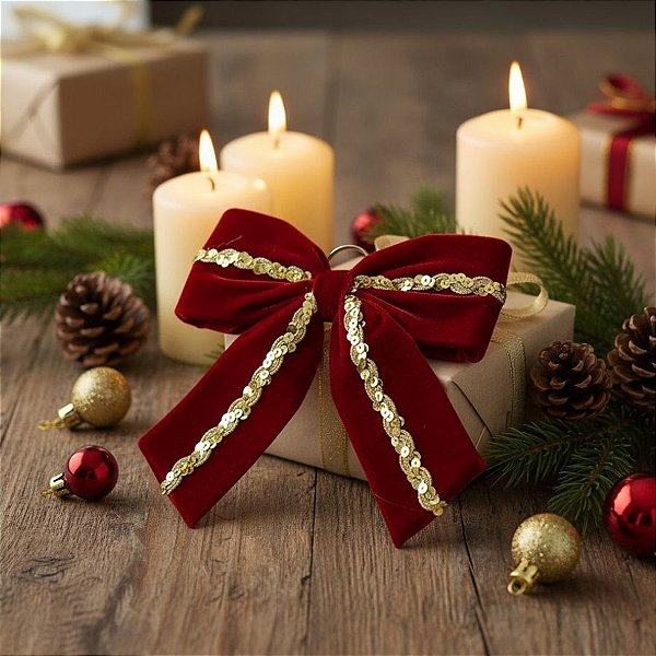 Laço de Veludo Vermelho e Galão Dourado P - 21x22x3cm - 1 unidade - Rizzo