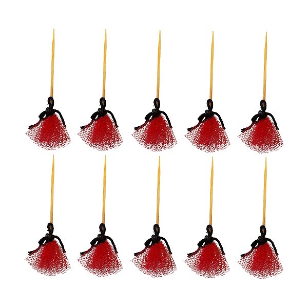 Pick Decorativo de Halloween - Mini Vassoura de Tule Vermelho - 11cm - 10 unidades - Rizzo