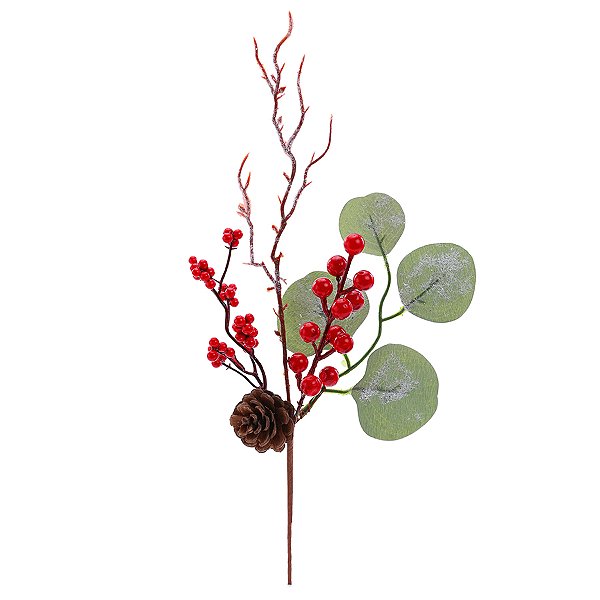 Pick Decorativo de Natal - Folhas, Pinha e Frutas - Vermelho/Verde/Marrom - 39cm - 1 unidade - Cromus - Rizzo