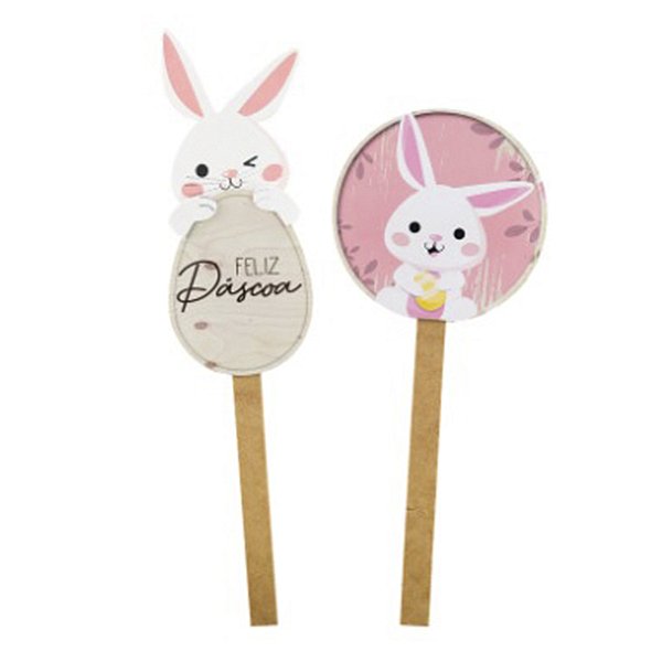 Pick Decorativo de Páscoa - Coelho e Ovo Rosa - 2 unidades - Grintoy - Rizzo