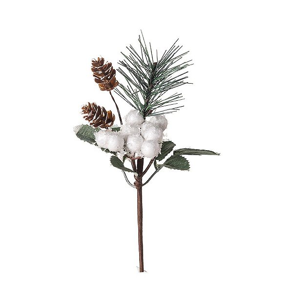 Pick Galho Decorativo - Folhas e Frutas Brancas Nevadas e Pinha - 15cm - 01 unidade - Cromus Natal - Rizzo