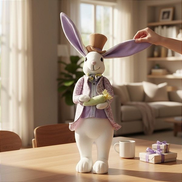 Coelho de Páscoa com Roupa Bordada Rosa e Roxa com Cenoura Verde - Linha Realeza Premium - 47cm  - 1 unidade - Rizzo