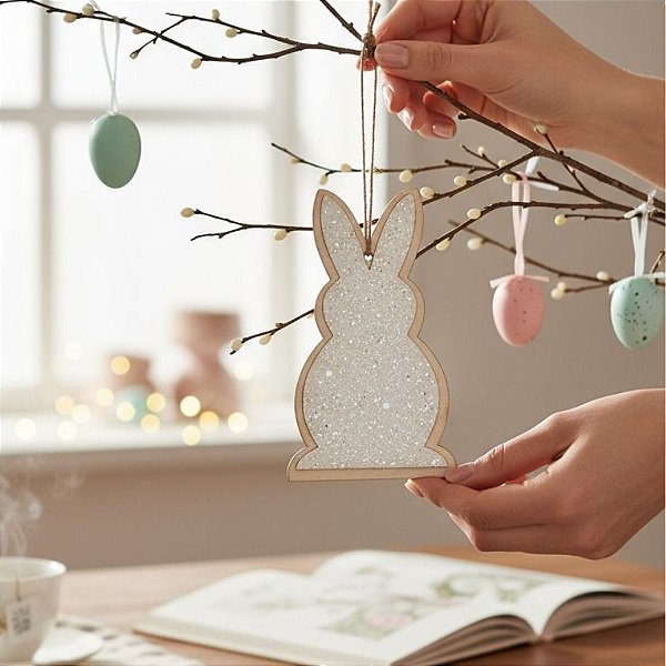 Tag Decorativa de Páscoa em MDF - Coelho de Glitter Branco - 10,5x6cm - 2 unidades - Cromus - Rizzo