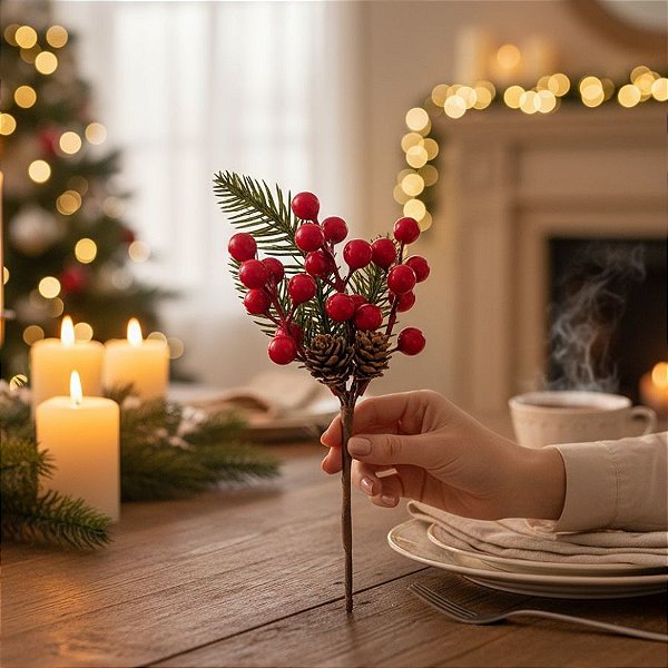 Galho Decorativo de Natal - Berry - Verde/Vermelho - 24cm - 1 unidade - Cromus - Rizzo