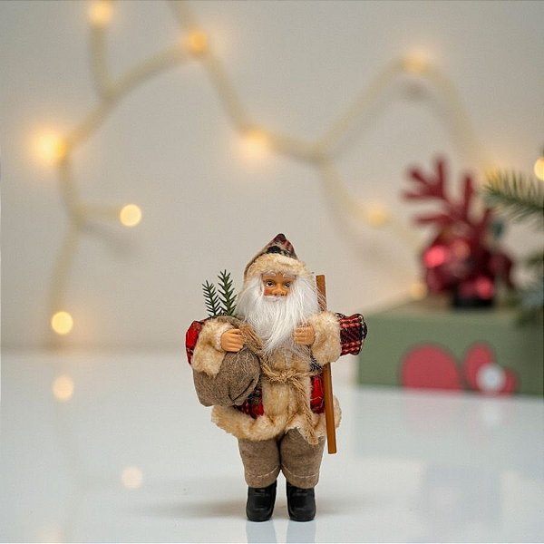 Papai Noel Decorativo em Pé com Saco e Mastro - Vermelho Xadrez - 20cm - 1 unidade - Rizzo