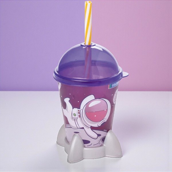 Copo Foguete com Tampa e Canudo - Astronauta Rosa - 280ml - 1 unidade - Plasútil - Rizzo