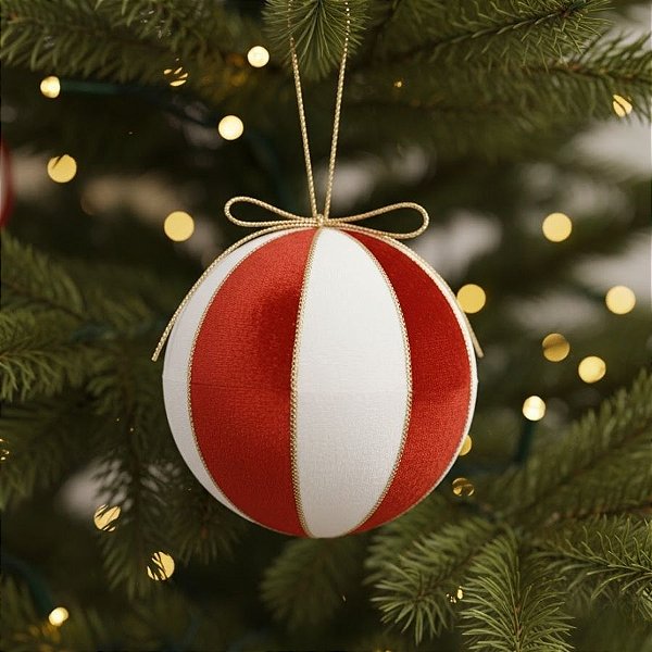 Bola de Natal - Tecido Vermelho com Listras Brancas - 8cm - 1 unidade - FlorArte - Rizzo