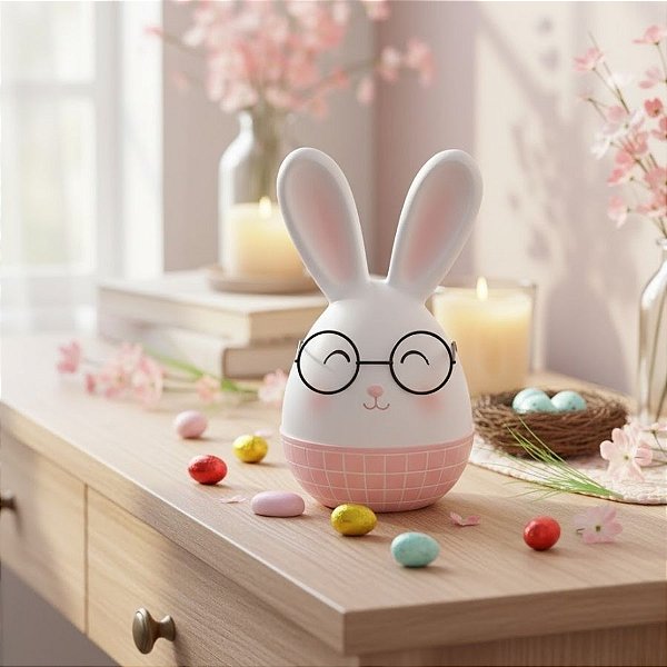 Enfeite decorativo de Páscoa em Resina - Coelho com Óculos - Rosa - 16,5x8cm - 1 unidade - Cromus - Rizzo