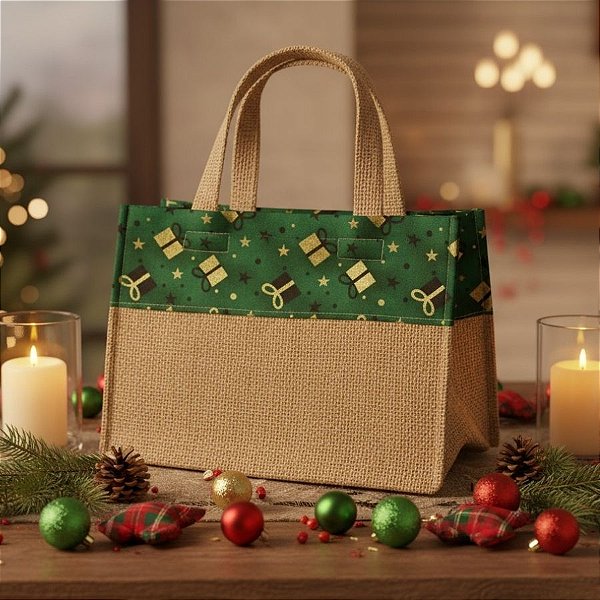 Sacola de Juta de Natal - Verde Presentes - 27x16x17cm - 1 unidade - EcoArt - Rizzo