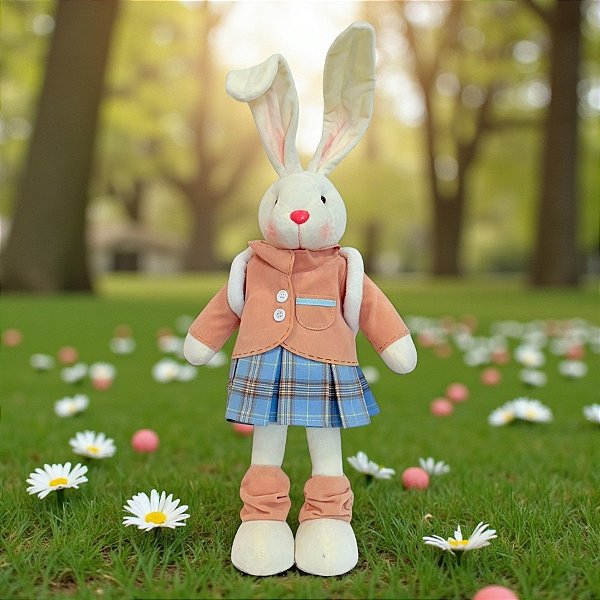 Enfeite Decorativo de Páscoa - Coelho de Saia Xadrez e Bolsa - 51cm - 1 unidade - Cromus - Rizzo