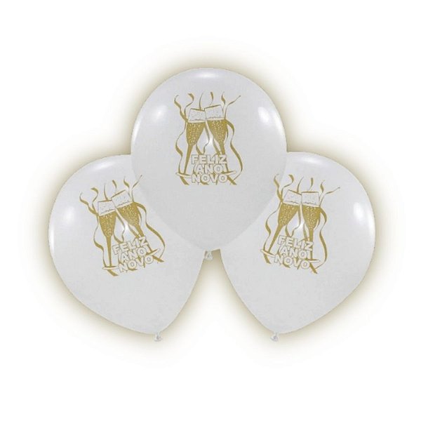 Balão de Festa Decorado 11" 27cm - Feliz Ano Novo - Branco - 25 unidades - Happy Day - Rizzo