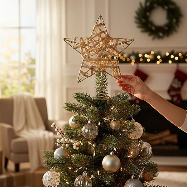 Topo Estrela Para Árvore de Natal - Dourado com Fios de Juta - 24x19cm - RZO02035  - 1 unidade - Rizzo
