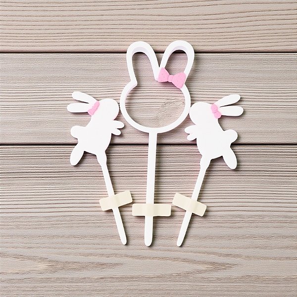 Pick Decorativo de Páscoa - Coelho Branco com Laço Rosa - 6,5x20cm - 3 unidades - Rizzo