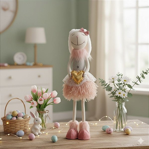 Enfeite Decorativo de Páscoa - Coelho de Saia com Coração Dourado - 49cm - 1 unidade - Rizzo