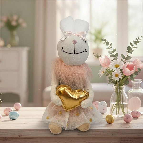 Enfeite Decorativo de Páscoa - Coelho de Saia com Coração Dourado - 29x10x9cm - 1 unidade - Rizzo