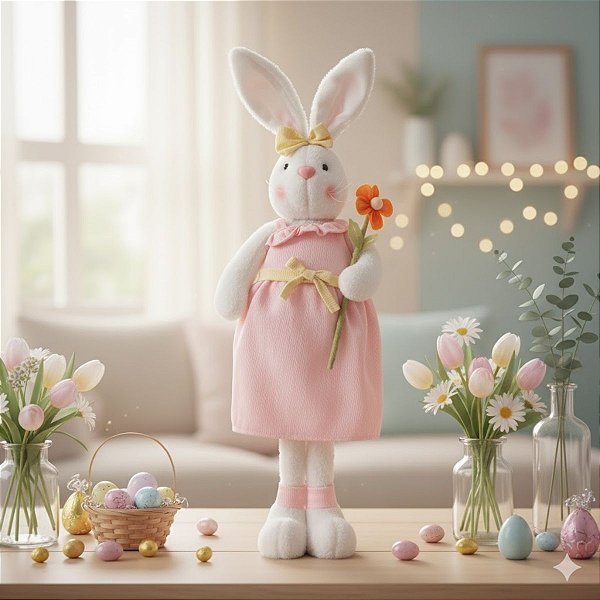 Enfeite Decorativo de Páscoa - Coelho de Vestido Rosa e Flor Laranja - 68cm - 1 unidade - Cromus - Rizzo