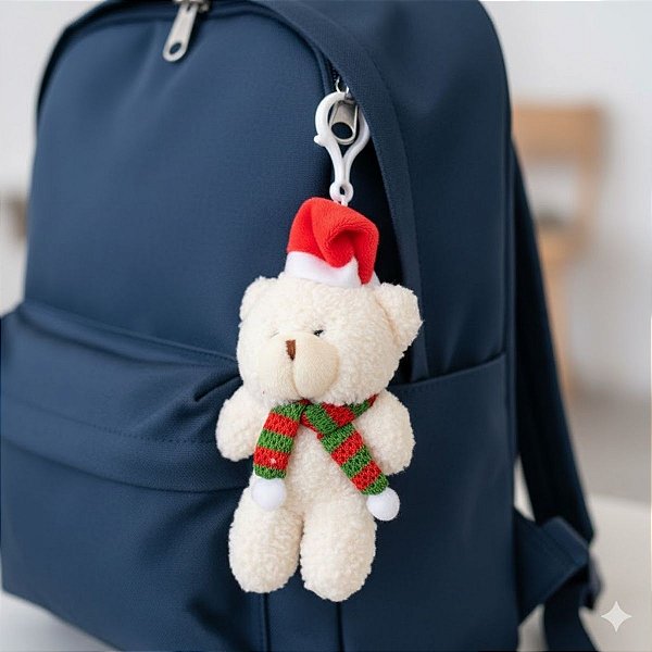 Chaveiro Urso de Pelúcia com Cachecol e Touca - Verde e Vermelho - 15cm - 1 unidade - Rizzo