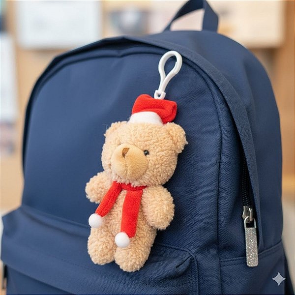Chaveiro Urso de Pelúcia com Cachecol e Touca - Vermelho e Branco - 15cm - 1 unidade - Rizzo