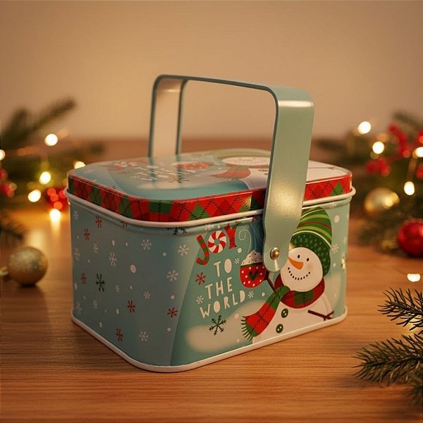 Lata de Metal Retangular Com Alça de Natal - Boneco De Neve - 6x10,5x8cm - 1 unidade - Rizzo