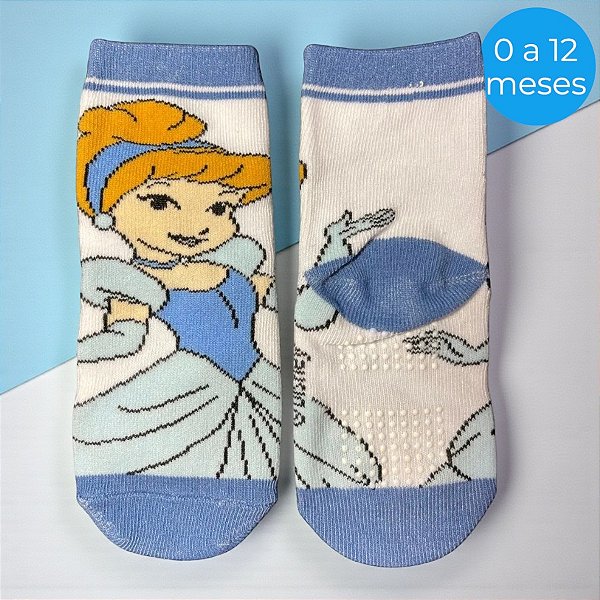 Meia Infantil Antiderrapante - Cinderela - Azul - 0 a 12 Meses - 1 unidade - Disney Original - Rizzo