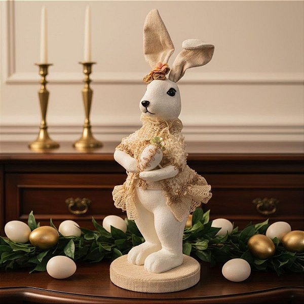 Enfeite Decorativo de Páscoa - Coelho em Pé com Roupa Rendada Bege - Linha Realeza Premium - 41x17x17cm  - 1 unidade - R