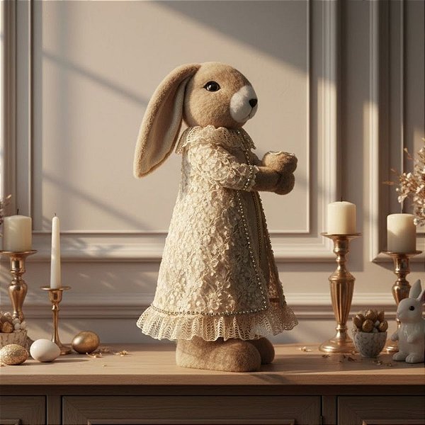 Enfeite Decorativo de Páscoa - Coelho em Pé com Roupa Rendada Bege com Strass - Linha Realeza Premium - 48x17x22cm - 1 u