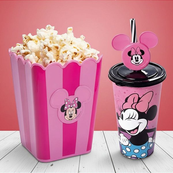 Kit Cinema - Balde de Pipoca e Copo com Canudo - Minnie Rosa - 1 unidade - Disney Original - Rizzo