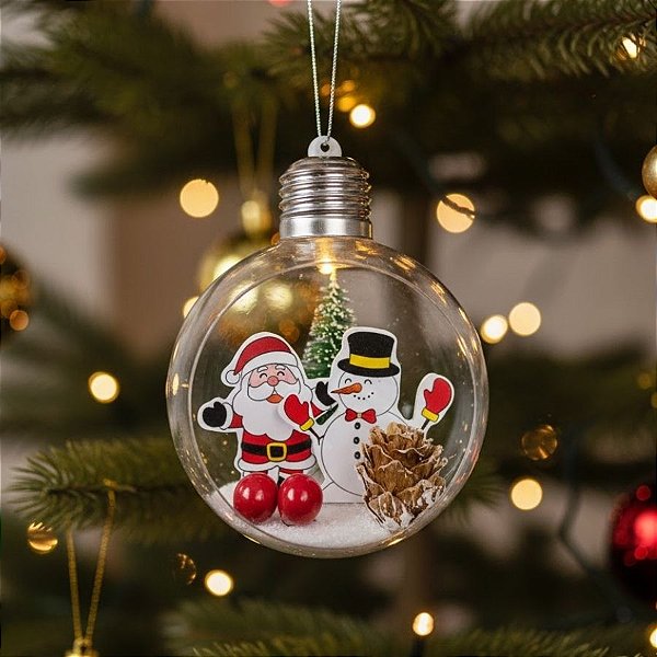 Enfeite Para Pendurar de Natal - Lâmpada com Noel e Boneco de Neve - 8cm - 1 unidade - Rizzo