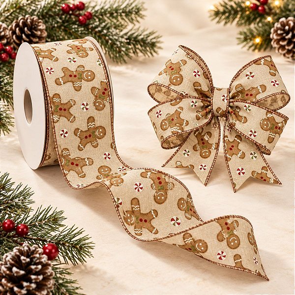 Fita Aramada Decorada de Natal - GingerBread - 6,3cm x 2,74m - 1 unidade - Rizzo