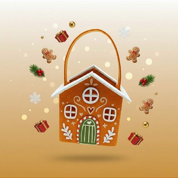 Cesta em Feltro de Natal - Casinha Mostarda - 14x15x11cm - 1 unidade - Rizzo