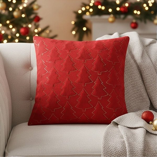 Capa para Almofada de Natal - Pinheiros Dourados - Vermelho- 43cm - 1 unidade - Rizzo