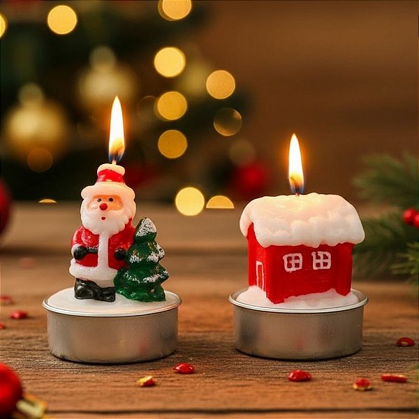 Velas Decorativa de Natal - Dupla Natalina Papai Noel e Casinha - 6x5cm - 1 unidade - Rizzo