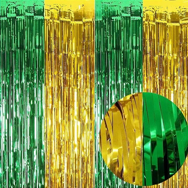 Cortina Decorativa Larga Metalizada Dourada e Verde - 1x2m - 1 unidade - Rizzo