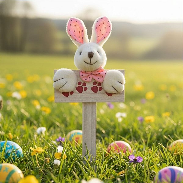 Mini Placa Patinhas Coelho de Páscoa com Laço Rosa de Bolinhas - 18,5cm - 1 unidade - Cromus - Rizzo